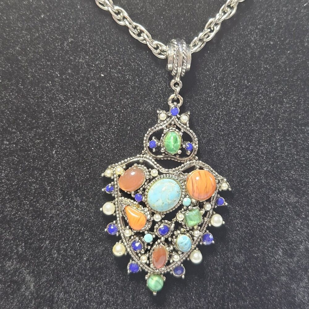 Vintage Hollycraft Faux Turquoise Coral Cabochons Pendant Necklace 21" Slvr Tone